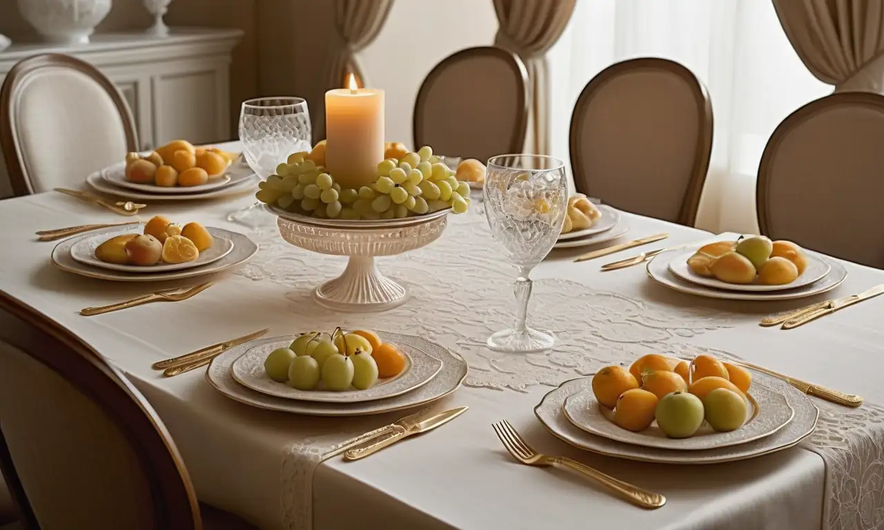 Mesa elegantemente dispuesta con tonos dorados suaves y comida artísticamente presentada